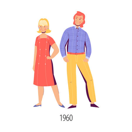 Man and woman wearing 1960 fashion clothes flat isolated vector illustrationのイラスト素材