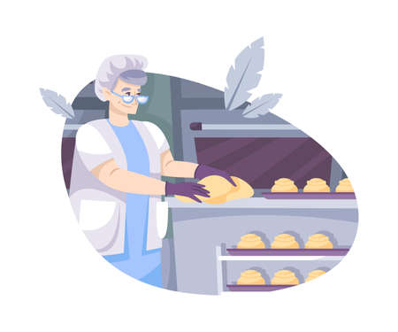Bakery set flat composition with character of elderly woman shaping pastry in kitchen vector illustrationのイラスト素材