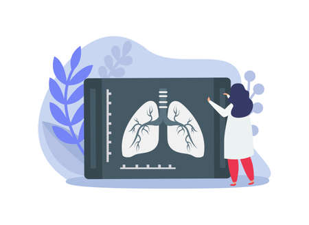 Lung inspection flat icons composition with female doctor examining radiogram shot of human lungs vector illustrationのイラスト素材