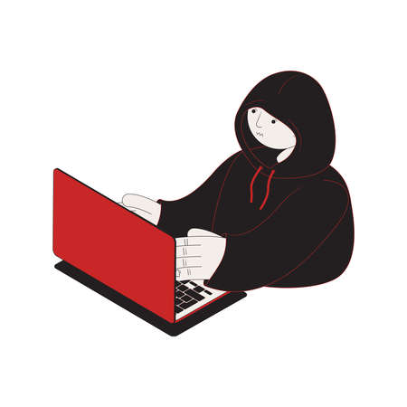 Cyber attack isometric icon with hacker and laptop 3d vector illustrationのイラスト素材