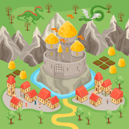 Fantasy medieval city landscape and dragons flying above castle and rocks isometric vector illustrationのイラスト素材