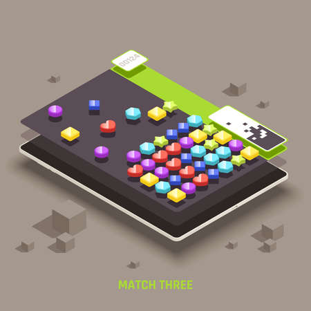 Educative mobile gaming for preschool kids 3d colorful shapes matching games isometric tablet screen image vector illustrationのイラスト素材