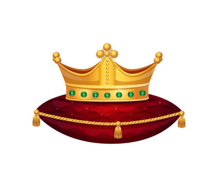Royal golden crown composition with isolated image of crown on red velvet pillow vector illustrationのイラスト素材
