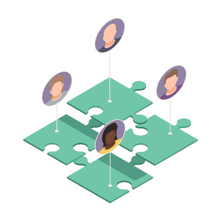 Online virtual team building isometric composition with pieces of puzzle connected to avatars of workers vector illustrationのイラスト素材