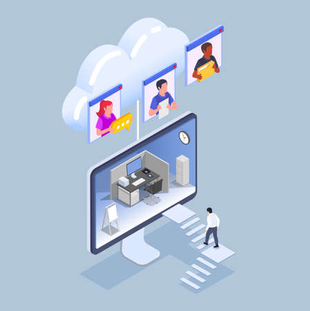 Isometric remote work and management concept with character going up stairs to office on computer screen 3d vector illustrationのイラスト素材