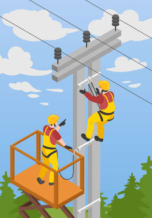 Electrician isometric background with high systems and danger symbols vector illustrationのイラスト素材