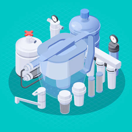Modern water filtration system with faucet jug bottle 3d composition isometric vector illustrationのイラスト素材