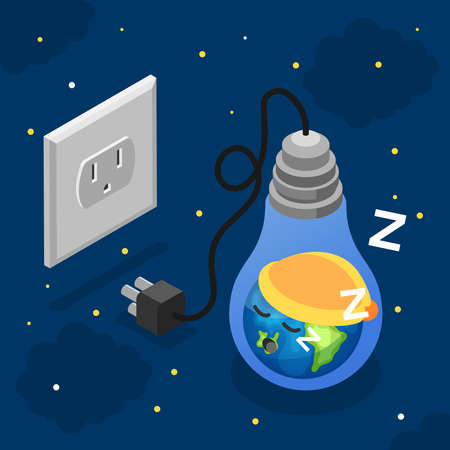 Earth hour concept with earth sleeping in light bulb plugged out of socket on background with night sky isometric vector illustrationのイラスト素材