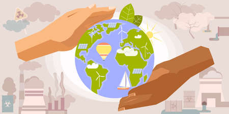 Environmental protection hand composition with two human hands of color holding earth globe with alternative energy vector illustrationのイラスト素材