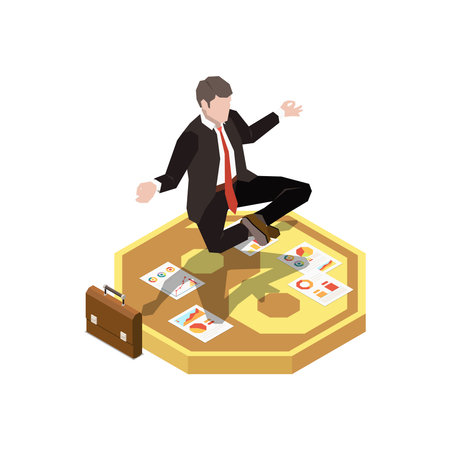Leadership concept icon with businessman flying in lotus position above papers with diagrams isometric vector illustrationのイラスト素材