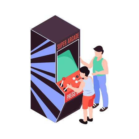 Two characters of kid and adult playing on arcade game machine 3d isometric vector illustrationのイラスト素材