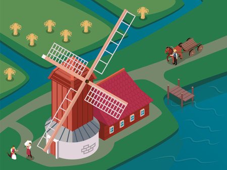 Old fashioned windmill with sails spinning atop of wooden tower surrounded by canals isometric composition vector illustrationのイラスト素材