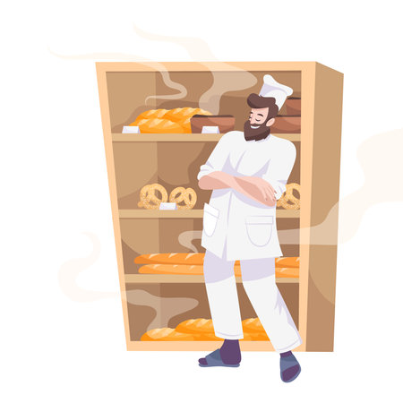 Bakery set flat composition with bearded cook in front of cabinet with baked products on shelves vector illustrationのイラスト素材