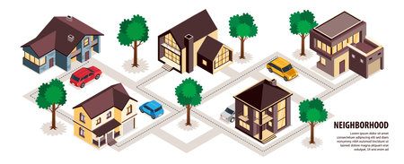 Modern suburb neighborhood cottages houses private space car accommodation walking paths trees isometric infographic flowchart vector illustrationのイラスト素材