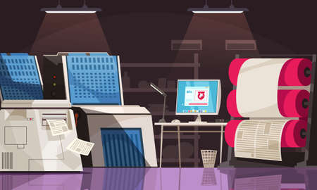 Press equipment and desk with computer in printing house room cartoon vector illustrationのイラスト素材