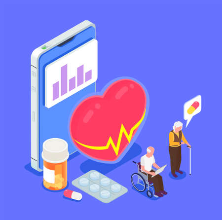 Isometric color composition with elderly people and mobile app for health monitoring vector illustrationのイラスト素材