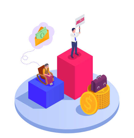 Social security unemployment family benefits isometric composition with stacks of coins cash in envelopes and people vector illustrationのイラスト素材