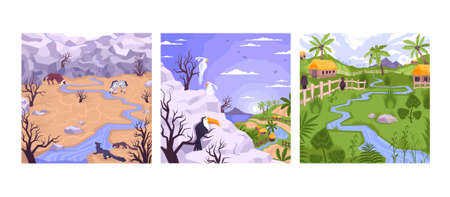 Landscapes set with three square compositions flat images of village houses mountains and drylands with animals vector illustrationのイラスト素材