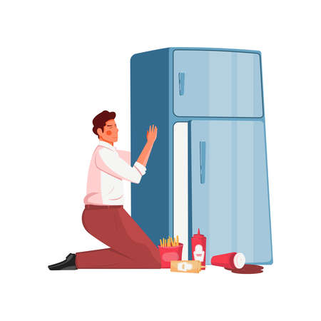 Gluttony flat concept with man hugging fridge with junk food on floor vector illustrationのイラスト素材