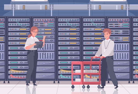 Datacenter cartoon composition with indoor view of room with rows of server cabinets and human workers vector illustrationのイラスト素材