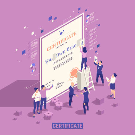 Strategical self marketing personal branding techniques skills management education isometric background composition with official certificate vector illustrationのイラスト素材