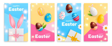 Set of four vertical easter compositions with ornate text and realistic images of gift boxes eggs vector illustrationのイラスト素材