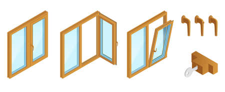 Double casements wooden windows with accessories isometric set on white background isolated vector illustrationのイラスト素材