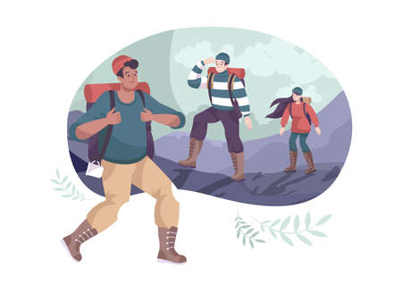 Cartoon outdoor composition with group of hikers wearing backpacks vector illustrationのイラスト素材
