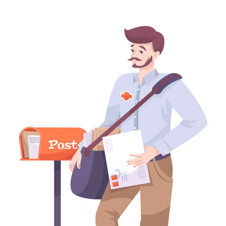 Postman with bag holding letter near letterbox flat vector illustrationのイラスト素材