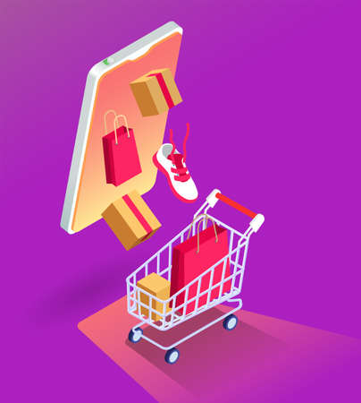 Online sale colorful poster with abstract composition consisting of purchases in shopping cart and smartphone isometric vector illustrationのイラスト素材
