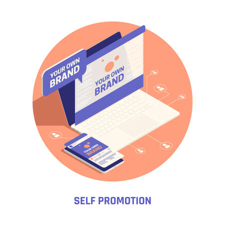 Self promotion your own brand building network marketing isometric circular background composition with personal webpage vector illustrationのイラスト素材