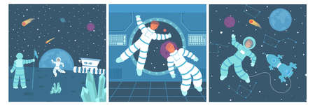 Astronaut set of three square compositions with flat characters of cosmonauts in outer space and spacecraft vector illustrationのイラスト素材