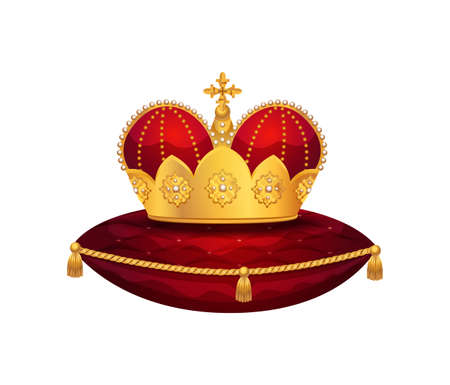 Royal golden crown composition with isolated image of crown on red velvet pillow vector illustrationのイラスト素材