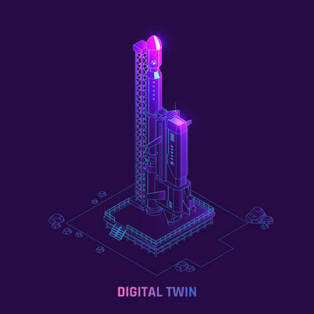 Digital twin space program simulation technology isometric background composition with spacecraft launch site purple glowing vector illustrationのイラスト素材