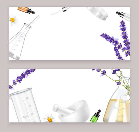 Realistic horizontal banners with tools and flowers for making essential oil for aromatherapy isolated vector illustrationのイラスト素材