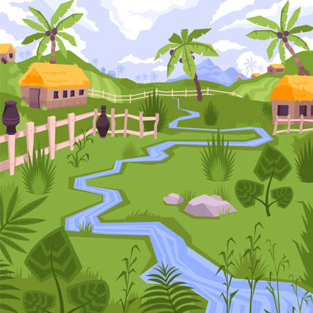 Landscape flat composition with view of exotic village with houses fence and brook with tropical plants vector illustrationのイラスト素材