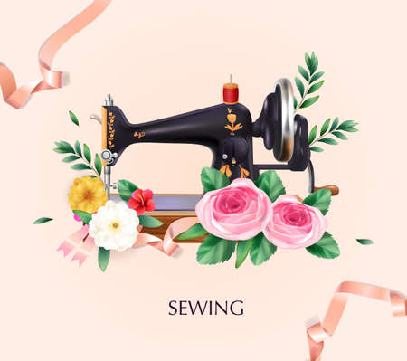 Sewing machine and tailoring background with flowers thread and ribbon realistic vector illustrationのイラスト素材