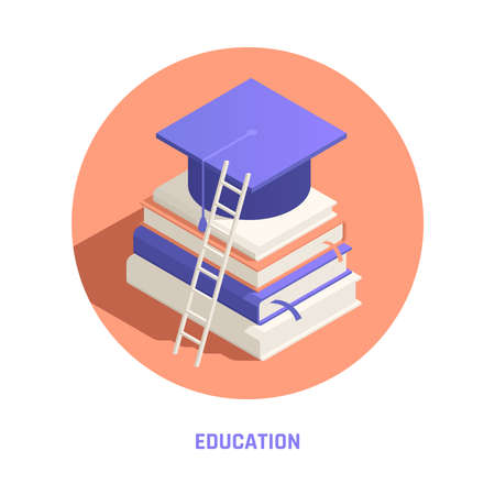 Self promotion branding education communication courses degree round isometric composition with academic hat textbooks ladder vector illustrationのイラスト素材