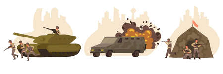 Flat isolated war icon set with tank explosions next to a military vehicle and soldiers next to the victory flag vector illustrationのイラスト素材