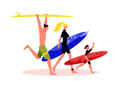 Family active holidays composition with characters of parents and child holding surfing boards vector illustrationのイラスト素材