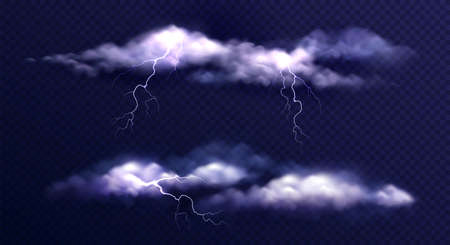 Stormy clouds realistic set with isolated images of thunderstorm clouds with lightning bolts on transparent background vector illustrationのイラスト素材