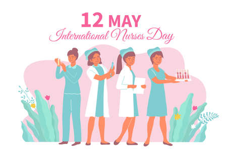 Flat international nurses day card with women in medical attire at work vector illustrationのイラスト素材