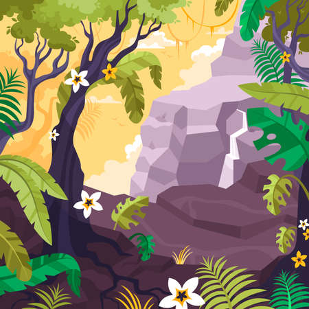 Landscape background with tropical trees rocks sky and flowers vector illustrationのイラスト素材
