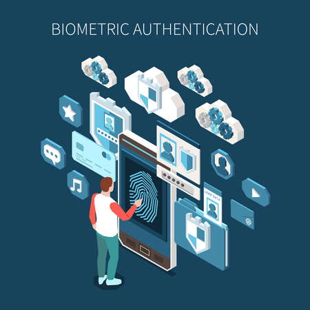 Biometric authentication isometric composition with human character touching smartphone with fingerprint surrounded by profile app icons vector illustrationのイラスト素材