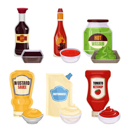 Sauce packaging realistic composition with isolated images of sauces in packs with dishes and editable text vector illustrationのイラスト素材