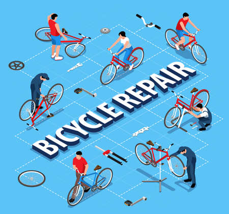 Bicycle repair flowchart with handicraftsmen repairing bikes using stand holder isometric vector illustrationのイラスト素材