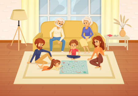 Family holidays cartoon composition the whole family gathered in the living room to play board games vector illustrationのイラスト素材