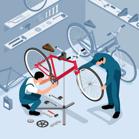 Bicycle maintenance in workshop isometric background with two workers installing bike parts after repair vector illustrationのイラスト素材