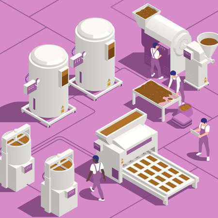 Chocolate manufacturing factory production beans roasting grinding sifting melting bars forming machines isometric background flowchart vector illustrationのイラスト素材