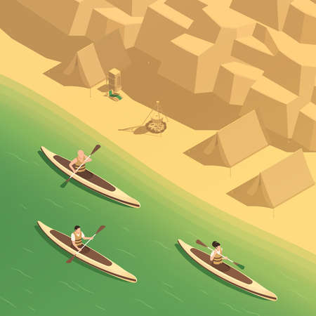 Artificial whitewater park rafting canoeing training recreation sport center isometric composition with downstream paddling kayakers vector illustrationのイラスト素材